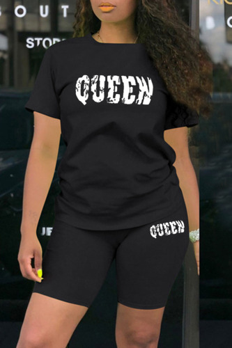 Black Casual Letter Patchwork O Neck Short Sleeve Two Pieces