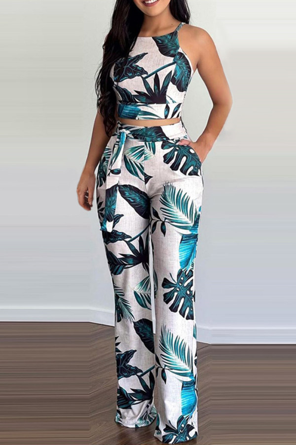 Blue Fashion Casual Print Vests Pants O Neck Sleeveless Two Pieces