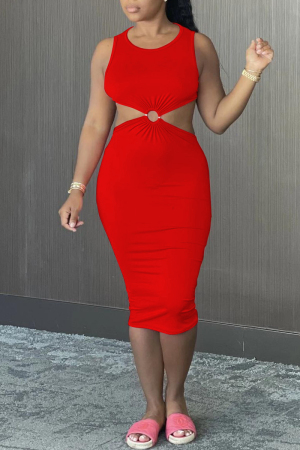 Red Sexy Casual Solid Hollowed Out Backless O Neck Vest Dress