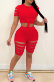 Red Casual Solid Ripped O Neck Short Sleeve Two Pieces