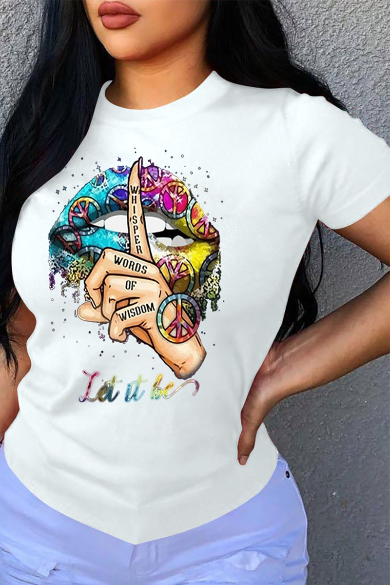 

White Casual Print Split Joint O Neck T-Shirts