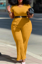 Yellow Casual Solid Patchwork O Neck Plus Size Two Pieces