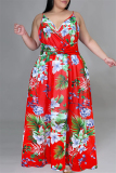 White Red Fashion Casual Print Backless V Neck Sling Dress