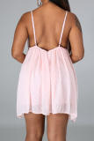 Pink Sexy Solid Mesh Spaghetti Strap Loose Rompers