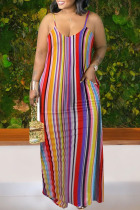 Rainbow Color Sexy Print Pocket Spaghetti Strap Straight Plus Size Dresses