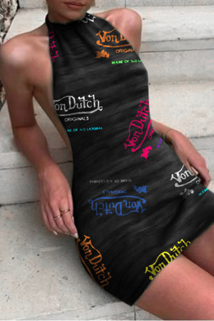 Black Fashion Sexy Letter Print Backless Strap Design Halter Sleeveless Dress