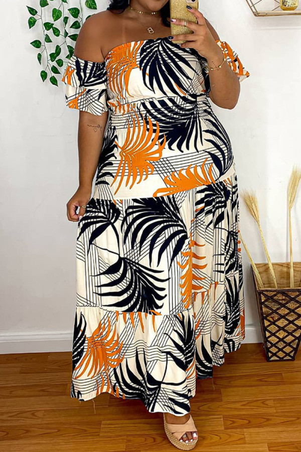 Orange Sexy Casual Plus Size Print Backless Off the Shoulder Short Sleeve Dress