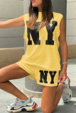 Yellow Casual Letter Print Basic O Neck Sleeveless Two Pieces