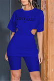 Blue Fashion Letter Hollowed Out O Neck Short Sleeve Two Pieces