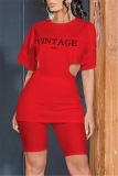 Red Fashion Letter Hollowed Out O Neck Short Sleeve Two Pieces