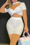 White Sexy Casual Solid Hollowed Out O Neck Short Sleeve Two Pieces