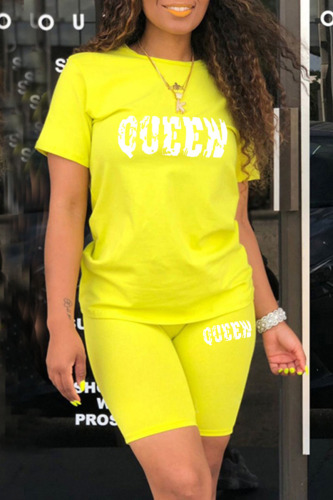 Yellow Casual Letter Patchwork O Neck Short Sleeve Two Pieces