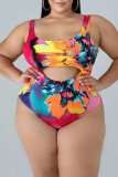 Red Sexy Print Patchwork Square Collar Plus Size Swimwear