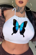 White Sexy Casual Butterfly Print Backless Strap Design Halter Tops