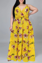 Yellow Fashion Casual Print Backless V Neck Sling Dress