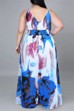 Blue Fashion Casual Print Backless V Neck Sling Dress