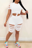 White Casual Solid Ripped O Neck Short Sleeve Two Pieces