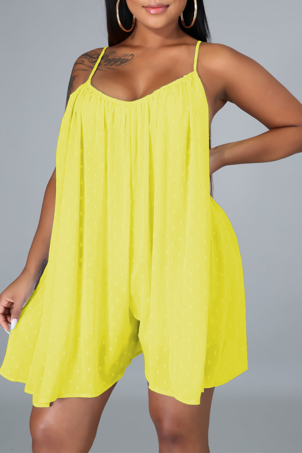 Yellow Sexy Solid Mesh Spaghetti Strap Loose Rompers