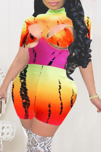 Yellow Sexy Print Hollowed Out Half A Turtleneck Skinny Rompers