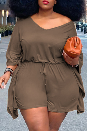 Brown Casual Solid Split Joint V Neck Plus Size Two Pieces