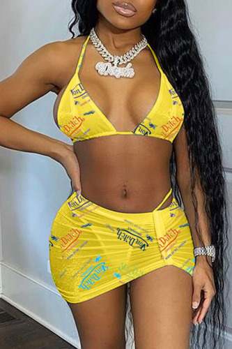 Yellow Sexy Letter Print Backless Halter Sleeveless Two Pieces Swimwear