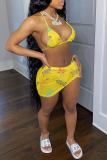 Yellow Sexy Letter Print Backless Halter Sleeveless Two Pieces Swimwear