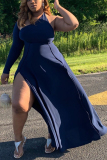 Navy Blue Sexy Off-The-Shoulder Plus Size Irregular Dress