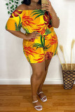 Yellow Fashion Casual Print Basic Off the Shoulder Plus Size Romper
