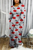 Red Sexy Long Sleeves O neck Straight Ankle-Length Print lip Dresses