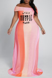 Multicolor Fashion Casual Plus Size Letter Print Backless Off the Shoulder Short Sleeve Dress