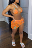 Orange Sexy Letter Print Backless Halter Sleeveless Two Pieces Swimwear
