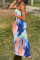 Blue Sexy Fashion Print Strapless Slim Dress