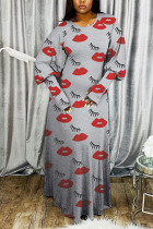 Red Sexy Long Sleeves O neck Straight Ankle-Length Print lip Dresses