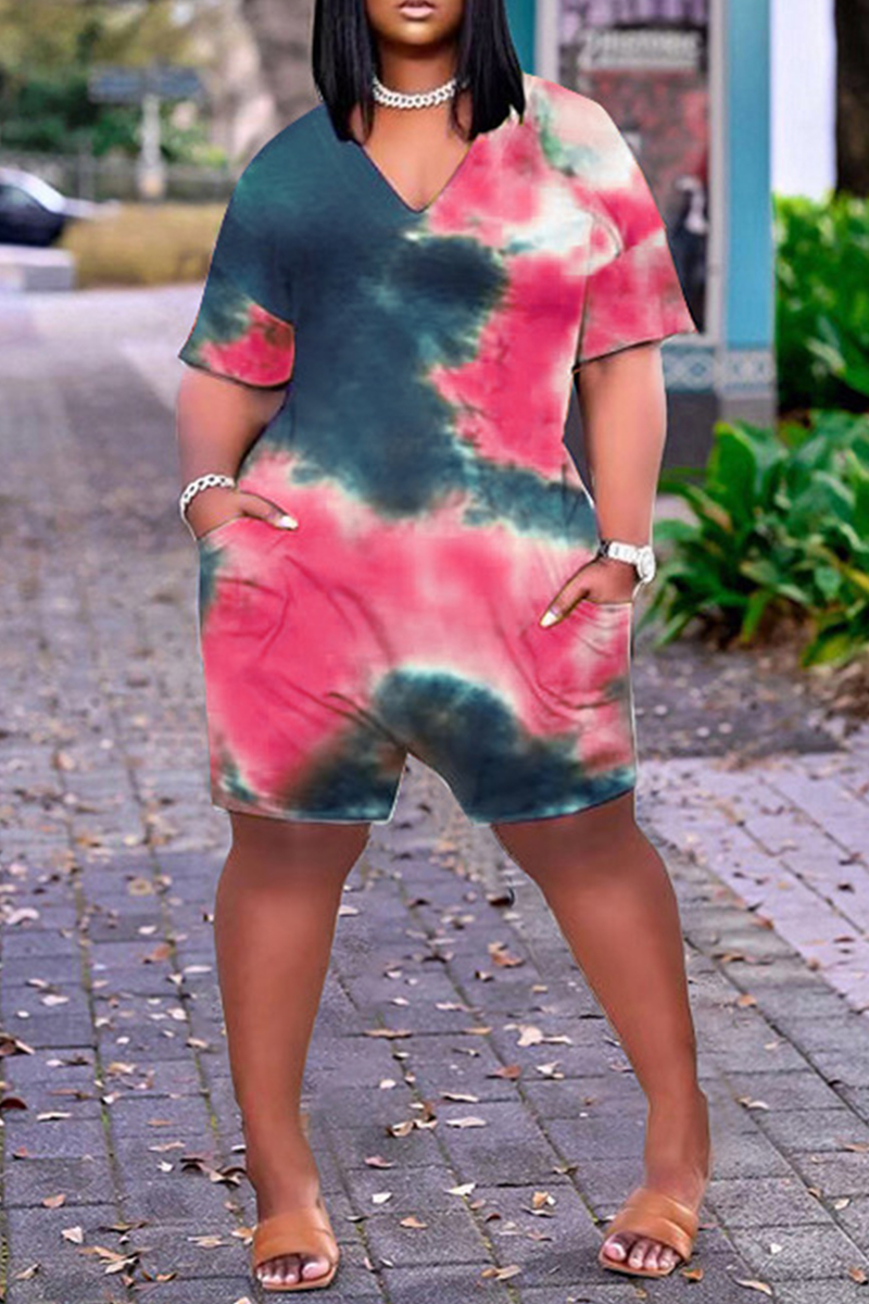 Wholesale Green Fashion Casual Print Tie Dye Basic V Neck Plus Size ...