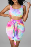 Rainbow Color Sexy Print Patchwork U Neck Sleeveless Crop tops Mini Skirts Two Piece Sets
