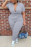 Grey Fashion Casual Solid Basic Zipper Collar Plus Size Jumpsuits