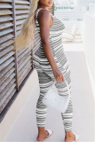Grey Fashion Casual Striped Print Basic V Neck Skinny Jumpsuits