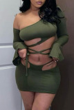 Khaki Sexy Solid Hollowed Out Oblique Collar Long Sleeve Two Pieces