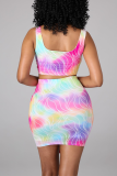 Rainbow Color Sexy Print Patchwork U Neck Sleeveless Crop tops Mini Skirts Two Piece Sets