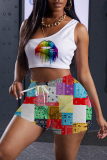 Colour Fashion Casual Print Basic One Shoulder Sleeveless Two Pieces