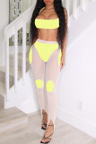 Yellow Fashion Sexy Patchwork Backless Slit Halter Sleeveless Two Pieces