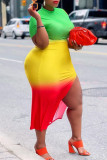 Multicolor Fashion Plus Size Gradual Change Print Without Belt O Neck Short Sleeve Dress