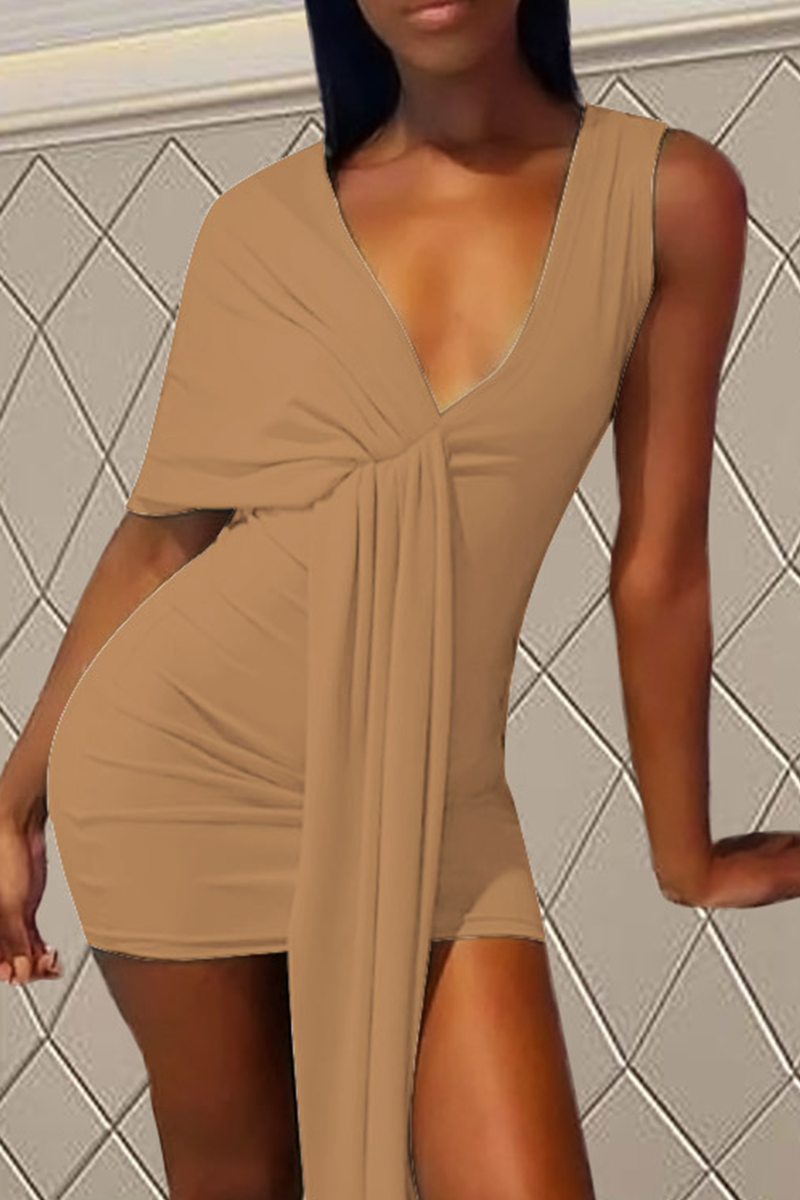 

Apricot Sexy Solid Split Joint V Neck Irregular Dress Dresses