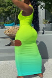 Fluorescent Green Fashion Sexy Gradual Change Print Hollowed Out Vest Dress