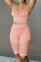 Pink Fashion Sexy Solid Patchwork See-through Spaghetti Strap Sleeveless Two Pieces