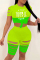 Fluorescent Green Fashion Casual Letter Print Ripped Patchwork O Neck Short Sleeve Two Pieces