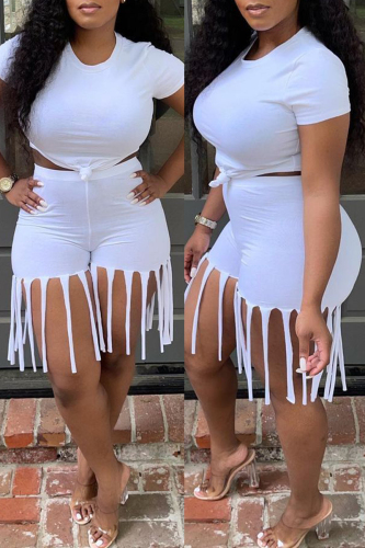 White Fashion Casual Solid Tassel O Neck Short Sleeve Two Pieces