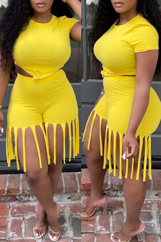 Yellow Fashion Casual Solid Tassel O Neck Short Sleeve Two Pieces