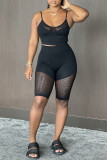 Black Fashion Sexy Solid Patchwork See-through Spaghetti Strap Sleeveless Two Pieces