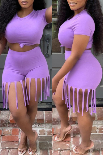 Purple Fashion Casual Solid Tassel O Neck Short Sleeve Two Pieces